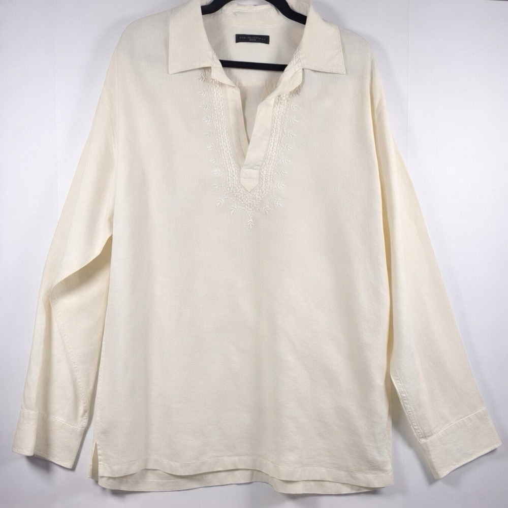 Banana Republic Cream Linen Blend Embroidered Split Neck Tunic Top‎ Womens L